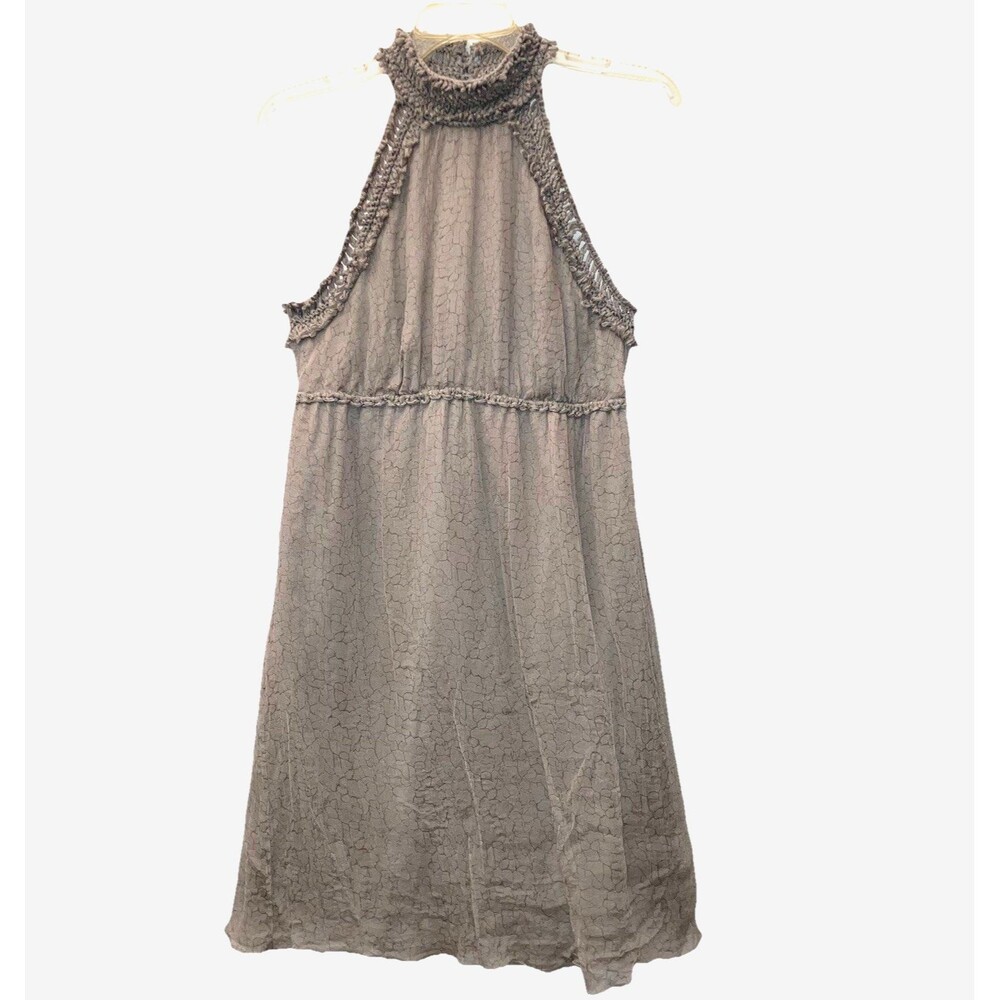 LEON MAX sz S 100% Silk Chiffon Sleeveless Bare Shoulder Dress Keyhole Halter